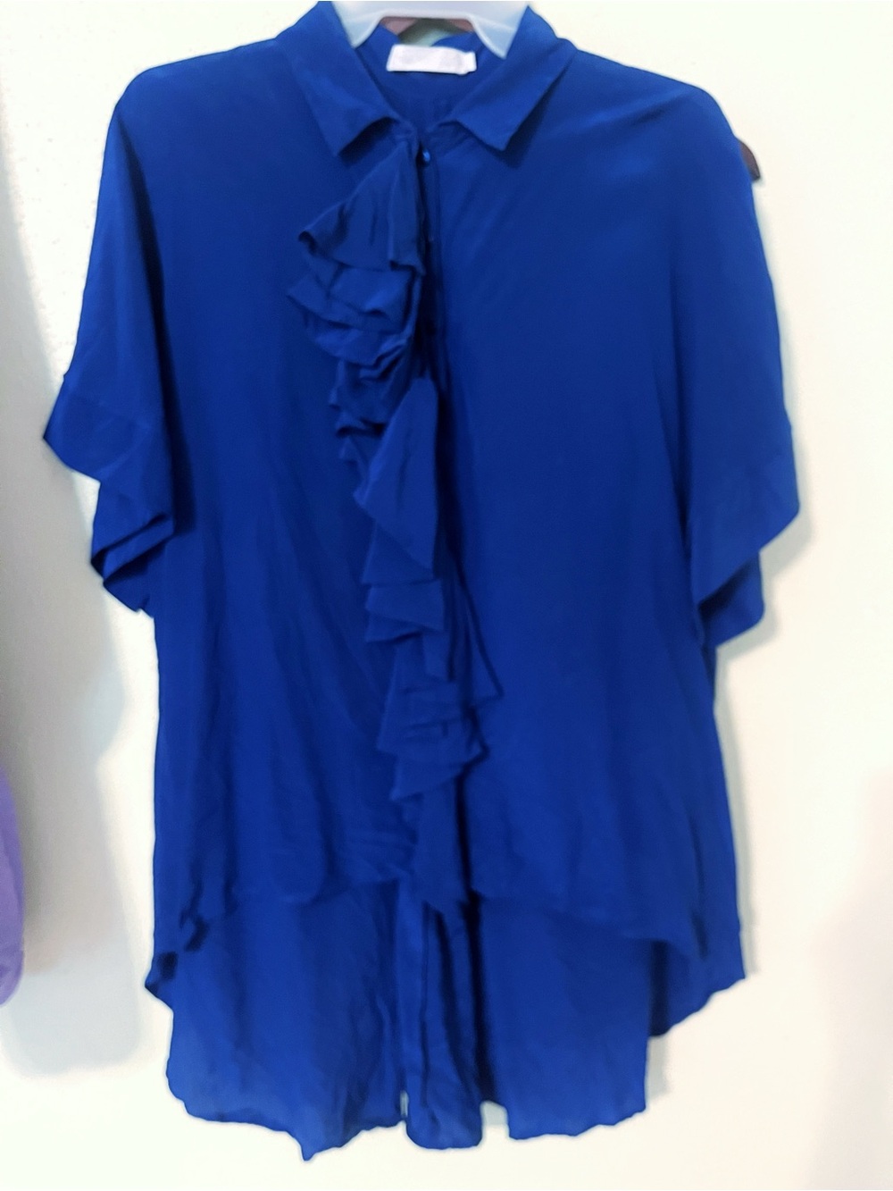 Anne Fontaine Elegant Molene Ruffle Button-Down SILK Blouse Royal Blue, 21” p2p